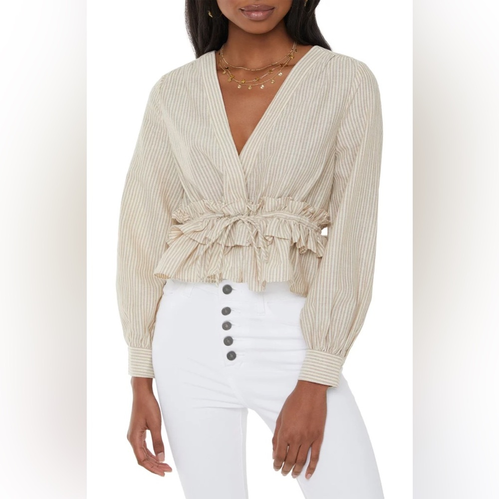 Fate Striped Long Sleeve V Neck Ruffle Waist Top